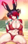  1girl animal_ears avatar_(ff14) beach bikini black_hair blurry blurry_background blush bracelet breasts demon_horns feather_hair_ornament feathers final_fantasy final_fantasy_xiv food hair_ornament hair_over_one_eye highres horns huge_breasts jacket jewelry kneeling looking_at_viewer mole mole_under_mouth multicolored_hair nail_polish navel open_clothes open_jacket outdoors pendant popsicle rabbit_ears red_bikini red_eyes sevie short_hair solo suco_(sevie) sunset swimsuit two-tone_hair viera 
