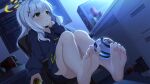  1girl ajifurai bare_legs barefoot black_hoodie blue_archive blush can chair collarbone convenient_leg cross_hair_ornament feet foot_focus foreshortening green_eyes grey_hair hair_ornament halo hand_on_own_chin hare_(blue_archive) highres hood hood_down hoodie sitting soles solo spoken_squiggle squiggle sweat toes 