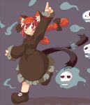  1girl :3 animal_ears arm_up artist_request blush_stickers braid cat_ears check_artist dress fang fang_out grey_background hitodama kaenbyou_rin multiple_tails red_hair running simple_background smile solo tail touhou wool_(miwol) 