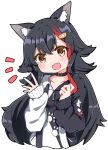  1girl :d animal_ears bangs black_choker black_hair black_hoodie blush chibi choker flipped_hair hair_between_eyes hair_ornament hairclip hololive hood hoodie long_hair looking_at_viewer multicolored_hair notice_lines ookami_mio open_mouth paw_print paw_print_pattern rabiiandrain red_hair sidelocks simple_background sleeves_past_wrists smile solo spiked_hair streaked_hair two-tone_hoodie very_long_hair virtual_youtuber waving white_background white_hoodie wolf_ears wolf_girl yellow_eyes 