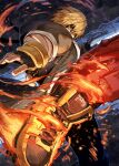  1boy blonde_hair boots brown_jacket fingerless_gloves flaming_foot glaring gloves hair_over_one_eye highres jacket ken_masters kicking kicking_at_viewer kuroi_susumu looking_at_viewer shaded_face solo street_fighter street_fighter_6 