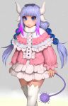  1girl absurdres bangs beads blue_eyes blunt_bangs blush capelet dragon_girl dragon_horns expressionless eyebrows_hidden_by_hair hair_ornament hairband highres horns kanna_kamui kobayashi-san_chi_no_maidragon long_hair low_twintails randy_(awesomevillage) solo tail thighhighs twintails 