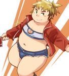  1boy artist_name bangs blonde_hair blush closed_mouth commentary_request cosplay crossdressing fate/apocrypha fate_(series) feet_out_of_frame green_eyes holding jacket long_sleeves looking_at_viewer looking_to_the_side medium_hair mioki mordred_(fate) mordred_(fate/apocrypha) mordred_(fate/apocrypha)_(cosplay) navel open_clothes open_jacket orange_background ponytail shorts smile solo thick_thighs thighs torn_clothes torn_legwear white_background 