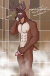  abs absurd_res antlers artsywoodpecker balls blush cervid embarrassed erection foreskin genitals hi_res horn male mammal muscular nipples nude pecs penis shower smile solo standing steam water wet wet_body 