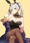 1girl animal_ears armpit_crease artist_name bangs black_bow black_bowtie black_leotard blush bow bowtie breasts brown_pantyhose chocojax cleavage coat collarbone crossed_legs detached_collar english_commentary fake_animal_ears feet_out_of_frame fire_emblem fire_emblem_heroes grey_eyes grey_hair hair_bow hairband hand_up head_tilt highres large_breasts leotard long_hair looking_at_viewer off_shoulder pantyhose patreon_logo playboy_bunny purple_coat rabbit_ears robin_(fire_emblem) robin_(fire_emblem)_(female) shiny shiny_clothes shiny_skin sitting solo swept_bangs tan_background twintails twitch_logo twitter_logo wide_sleeves 