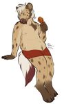  2020 anthro belly big_belly blue_sclera bottomwear brown_body brown_ears brown_fur clothed clothing dated famir_(artist) food full-length_portrait fur glistening glistening_eyes green_eyes hair hi_res holding_food holding_object hyaenid licking licking_lips licking_own_lips male mammal narrowed_eyes nipples overweight overweight_anthro overweight_male portrait red_body red_bottomwear red_clothing red_eyes red_fur red_nose red_tail red_tongue self_lick signature simple_background solo tan_body tan_fur three-quarter_view tongue tongue_out topless white_background white_body white_fur white_hair white_tail 