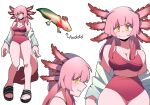  1girl axolotl axolotl_girl breasts cleavage closed_mouth colored_skin creature_and_personification english_commentary furry furry_female gomulgong highres midriff monster_girl orange_eyes original personification pink_hair pink_skin pink_tail sandals simple_background smile solo swimsuit tail white_background 