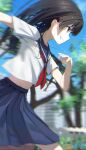  1girl absurdres black_hair blue_eyes blue_sailor_collar blue_skirt collared_shirt cowboy_shot day floating_hair from_side grin hidulume highres long_hair midriff miniskirt motion_blur navel neckerchief outdoors pleated_skirt profile red_neckerchief running sailor_collar sailor_shirt sakugawa_school_uniform saten_ruiko school_uniform shiny shiny_hair shirt short_sleeves skirt smile solo stomach straight_hair toaru_kagaku_no_railgun toaru_majutsu_no_index white_shirt 