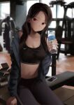  1girl absurdres blush bottle breasts brown_hair cleavage earrings gym highres holding holding_bottle jacket jewelry long_hair midriff navel nike open_clothes open_jacket original pants red_eyes sitting smile sports_bra sportswear user_yzcs5234 water_bottle workout_clothes yoga_pants 