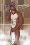 abs absurd_res anthro antlers artsywoodpecker blush cervid covering covering_crotch covering_self embarrassed hi_res horn male mammal muscular nipples nude pecs shower smile solo standing steam towel water wet wet_body 
