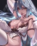  1girl absurdres bangs blue_hair breasts brown_eyes cleavage collarbone colored_inner_hair detached_sleeves dragon_girl dragon_horns english_commentary floating_hair fur_trim grey_hair hair_between_eyes hand_on_own_chest highres horns leotard light_brown_hair long_hair looking_at_viewer medium_breasts multicolored_hair sitting smile solo suliavtuber thighhighs vei_(vtuber) virtual_youtuber vshojo white_leotard white_thighhighs 