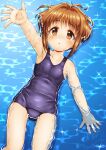  1girl :o bangs bare_arms bare_shoulders black_one-piece_swimsuit blush breasts brown_eyes brown_hair character_request collarbone commentary_request feet_out_of_frame hair_intakes highres lying old_school_swimsuit on_back parted_lips partially_submerged prismaticallization regular_mow school_swimsuit sidelocks signature small_breasts solo swimsuit twitter_username water 