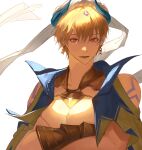  1boy absurdres arabian_clothes arm_tattoo armor bangs blonde_hair commentary_request cropped_vest earrings fate/grand_order fate_(series) gauntlets gilgamesh_(caster)_(fate) gilgamesh_(fate) gold gold_armor hair_between_eyes hat highres jewelry looking_at_viewer male_focus open_mouth red_eyes short_hair simple_background smile solo tattoo toned toned_male turban upper_body vambraces vest white_background zuraa_(naunau_seijin) 