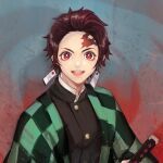  1boy black_jacket brown_hair burn_scar buttons checkered_clothes checkered_kimono green_kimono hanafuda_earrings high_collar highres jacket japanese_clothes kamado_tanjirou katana kimetsu_no_yaiba kimono long_sleeves looking_at_viewer male_focus open_mouth red_eyes scar scar_on_face scar_on_forehead short_hair simite smile solo sword teeth upper_body upper_teeth weapon 