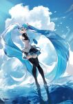  1girl :o absurdly_long_hair absurdres black_skirt black_sleeves blue_eyes blue_hair blue_necktie blue_sky blue_theme boots cloud cloudy_sky cumulonimbus_cloud detached_sleeves dutch_angle floating_hair from_below grey_shirt hair_between_eyes hand_up hatsune_miku highres horizon knees_together_feet_apart lens_flare long_hair necktie niwa_(niwaniwa_1227) parted_lips pleated_skirt shirt skirt sky sleeveless sleeveless_shirt solo standing standing_on_liquid thigh_boots twintails very_long_hair vocaloid water wind wind_lift 
