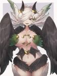  1girl bangs black_feathers black_wings breasts commentary_request elil_(granblue_fantasy) feathered_wings feathers granblue_fantasy green_eyes green_feathers hair_over_one_eye harpy head_wings highres horns large_breasts long_hair looking_at_viewer monster_girl navel open_mouth simple_background solo white_background white_hair winged_arms wings yonaga_san 