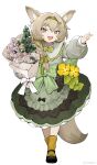  1girl absurdres alternate_costume arknights arm_up beanstalk_(arknights) black_bow black_footwear bouquet bow braid brown_hair dress fang flower full_body green_bow green_dress green_hairband green_ribbon hair_ornament hair_ribbon hairband hairclip highres holding holding_bouquet hyena_ears hyena_girl hyena_tail long_hair long_sleeves looking_at_viewer menthako open_mouth pink_flower red_eyes ribbed_socks ribbon shoes socks solo standing white_flower yellow_flower yellow_socks 