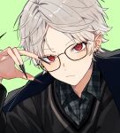  1boy absurdres bangs black-framed_eyewear black_jacket black_nails blush buttons closed_mouth collared_shirt commentary_request cross cross_earrings ear_piercing earrings eyelashes fingernails glasses green_background grey_hair grey_shirt hana_arare hand_up highres jacket jewelry kuzuha_(nijisanji) long_fingernails long_sleeves looking_at_viewer male_focus mole mole_under_eye nail_polish nijisanji parted_bangs piercing plaid plaid_shirt pointy_ears red_eyes sharp_fingernails shirt short_hair solo upper_body virtual_youtuber 