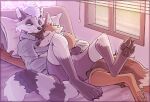  anthro bed bedroom bottomwear brown_hair canid canine canis clothed clothing cuddling curtains duo embrace eyes_closed furniture hair head_on_chest hoodie jackal looking_at_another lying male male/male mammal owlblack pawpads paws pillow procyonid raccoon shorts smile topwear white_eyes white_hair window 