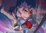  1boy angry blood blood_from_eyes blood_on_hands blue_hair blurry capelet clenched_teeth commentary_request corruption cu_chulainn_(caster)_(fate) cu_chulainn_(fate) depth_of_field earrings fate/grand_order fate_(series) from_above fur-trimmed_hood fur_trim gloves glowing glowing_eye hand_up hikaru_(asteriskring) hood hooded_capelet jewelry long_hair looking_at_viewer one_eye_closed red_eyes solo spiked_hair staff teeth twitter_username upper_body 
