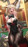  1girl animal_ears aqua_eyes arm_behind_back arm_up armpits bangs bare_shoulders black_bow black_bowtie black_leotard black_pantyhose blonde_hair blunt_bangs blurry blurry_background bow bowtie breasts casino casino_card_table cleavage commentary covered_navel detached_collar detached_sleeves facial_mark gold_trim hair_ornament highleg highleg_leotard highres large_breasts legs_together leotard morros nail_polish one_eye_closed open_mouth original pantyhose playboy_bunny poker_chip red_nails red_ribbon ribbon sitting solo strapless strapless_leotard table tail_raised teeth traditional_bowtie upper_teeth whisker_markings wrist_cuffs 