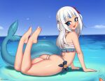  1girl :d arched_back arm_support artist_name ass bangs bare_arms bare_legs bare_shoulders barefoot bikini blue_eyes blue_hair blue_nails blue_sky blunt_bangs blush commentary day feet feet_up fish_tail flower frilled_bikini frills full_body gawr_gura hair_flower hair_ornament hololive hololive_english horizon kuroonehalf legs long_hair looking_at_viewer looking_back lying multicolored_hair nail_polish on_stomach open_mouth red_flower shark_girl shark_tail sharp_teeth shrimp sky smile solo splashing streaked_hair striped striped_bikini swimsuit tail teeth toenail_polish toenails toes two_side_up upper_teeth virtual_youtuber water white_bikini white_hair 