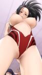  arms_behind_back ass_visible_through_thighs bare_shoulders black_eyes black_hair blush bodysuit boku_no_hero_academia breasts breasts_out ceiling center_opening chest_cutout dutch_angle from_below greatm8 groin hair_pulled_back highres indoors jirou_kyouka jitome large_breasts long_hair looking_down midriff navel nipples parted_lips photoshop_(medium) ponytail pussy pussy_peek red_bodysuit sanpaku short_hair solo_focus source_filmmaker_(medium) sweat thighs yaoyorozu_momo 