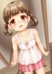  1girl :d bangs bare_arms bare_shoulders blush brown_eyes brown_hair collarbone commentary_request doujima_nanako dress hair_ribbon highres indoors looking_at_viewer persona persona_4 pink_ribbon pink_skirt pleated_skirt regular_mow ribbon ribbon-trimmed_dress signature skirt sleeveless sleeveless_dress smile solo standing twintails twitter_username white_dress 