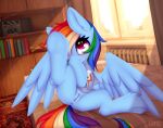  2022 anus blue_body blue_feathers blush bottomless butt clothed clothing equid equine feathered_wings feathers female feral friendship_is_magic genitals hair hasbro hooves mammal multicolored_hair my_little_pony omiart pegasus pink_eyes pussy rainbow_dash_(mlp) rainbow_hair signature smile solo wings 