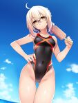  1girl ahoge artoria_pendragon_(fate) ass_visible_through_thighs black_one-piece_swimsuit blue_sky breasts cloud commentary_request competition_swimsuit covered_navel cowboy_shot day fate/grand_order fate_(series) food glasses groin hand_on_hip highleg highleg_swimsuit highres holding jacket mysterious_heroine_x_alter_(fate) namonashi one-piece_swimsuit open_clothes open_jacket outdoors popsicle sky small_breasts solo standing swimsuit 
