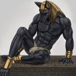  2022 abs anthro anubian_jackal anubis armor black_body black_ears black_head bracers bulge canid canine canis claws clothed clothing deity egyptian_mythology eyes_closed genital_outline headdress inubikko jackal looking_down male mammal middle_eastern_mythology muscular muscular_anthro muscular_male mythology navel pecs penis_outline sad simple_background sitting skimpy solo underwear 