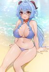  1girl absurdres ahoge arm_support bangs bare_arms bare_legs bare_shoulders beach bikini blue_bikini blue_hair blush breasts cleavage closed_mouth collarbone commentary criss-cross_halter feet_out_of_frame ganyu_(genshin_impact) genshin_impact hair_between_eyes halterneck highres horns large_breasts lips long_hair looking_at_viewer navel nemuaki ocean purple_eyes shadow sidelocks sitting smile solo swimsuit thighs water wide_hips 