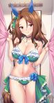  1girl animal_ears ass_visible_through_thighs bare_arms bare_shoulders bikini bow breasts brown_eyes brown_hair choker cleavage collarbone commentary_request cowboy_shot curtain_grab curtains green_bikini green_bow hair_between_eyes hair_bow highres horse_ears indoors king_halo_(umamusume) large_breasts long_hair looking_at_viewer partial_commentary shirokuma_a smile solo standing swimsuit tail thighs umamusume 