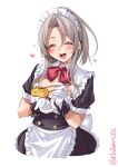  1girl alternate_costume apron back_bow bangs bow chopsticks closed_eyes dress ebifurya enmaided food frilled_dress frills gloves heart highres holding holding_chopsticks holding_food incoming_food kantai_collection maid maid_apron maid_headdress medium_hair omelet one-hour_drawing_challenge open_mouth parted_bangs red_bow short_sleeves smile solo tamagoyaki twitter_username white_gloves wrist_cuffs zuihou_(kancolle) 