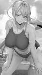  1girl absurdres bangs bent_over blurry blurry_background blush bottle breasts commentary_request gentsuki greyscale highres large_breasts long_hair monochrome navel original outdoors parted_lips ponytail solo sports_bra thighs 