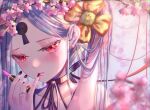  1girl abigail_williams_(fate) arm_up bangs bare_shoulders blurry blurry_foreground branch closed_mouth collarbone commentary_request depth_of_field fate/grand_order fate_(series) flower grey_hair hand_up keyhole kinom_(sculpturesky) long_hair looking_at_viewer parted_bangs pink_flower pink_lips portrait red_eyes solo 