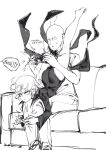  1boy 1girl arched_back ass bald barefoot breast_press closed_mouth commentary controller couch cup dress english_commentary english_text flipped_hair frown hands_up highres holding holding_controller monochrome on_couch one-punch_man saitama_(one-punch_man) shirt short_hair short_sleeves sketch tatsumaki the_golden_smurf thighs 