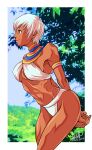  1girl armlet arms_behind_back ass bikini blue_eyes bracelet breasts closed_mouth commentary_request dark-skinned_female dark_skin elena_(street_fighter) highres jewelry medium_breasts mimiyama_kiichi navel neck_ring outdoors short_hair smile solo street_fighter street_fighter_iii_(series) swimsuit very_dark_skin white_bikini white_hair 