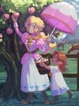  2girls absurdres arm_up blonde_hair blue_eyes brown_hair bucket crossover dress farm fence food fruit highres horse looking_at_another low_ponytail malon mario_(series) multiple_girls papabay parasol peach pointy_ears ponytail princess_peach smile standing the_legend_of_zelda the_legend_of_zelda:_ocarina_of_time umbrella wooden_fence 
