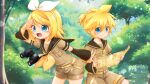  1boy 1girl binoculars blonde_hair blue_eyes blue_sky bow branch brother_and_sister bush child cloud cloudy_sky commentary_request cowboy_shot day detached_sleeves female_child hair_bow highres holding holding_map kagamine_len kagamine_rin looking_at_map male_child map open_mouth outdoors shorts siblings sitting sky tree vocaloid yakumohikari yellow_belt 