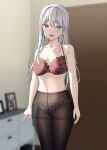  1girl :d bare_arms bare_shoulders blue_eyes blurry blurry_background bra breasts brown_bra brown_panties brown_pantyhose collarbone commentary_request depth_of_field door fang grey_hair gurande_(g-size) highres indoors long_hair looking_at_viewer medium_breasts multicolored_hair navel no_pants no_shirt original panties panties_under_pantyhose pantyhose photo_(object) red_hair smile solo streaked_hair underwear underwear_only very_long_hair 