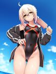  1girl ahoge artoria_pendragon_(fate) ass_visible_through_thighs black_jacket black_one-piece_swimsuit blue_sky breasts cloud commentary_request competition_swimsuit covered_navel cowboy_shot day fate/grand_order fate_(series) food glasses groin hand_on_hip highleg highleg_swimsuit highres holding jacket mysterious_heroine_x_alter_(fate) namonashi one-piece_swimsuit open_clothes open_jacket outdoors popsicle sky small_breasts solo standing swimsuit 