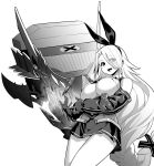  1girl absurdly_long_hair azur_lane bangs bare_shoulders blush breasts crop_top eyes_visible_through_hair greyscale hair_over_one_eye hairband high-waist_skirt highres hori_(hori_no_su) large_breasts long_hair long_sleeves looking_at_viewer mole mole_under_eye monochrome open_mouth prinz_heinrich_(azur_lane) ribbed_shirt shirt simple_background skirt smile solo underboob very_long_hair white_background 