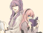  1girl alternate_costume bad_id bad_pixiv_id blue_eyes blush book chiyo_(chidori) hair_ribbon headband kamui_gakupo long_hair megurine_luka open_mouth pink_hair purple_hair ribbon smile vocaloid 