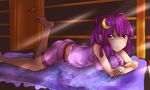  alternate_hairstyle bad_id bad_pixiv_id barefoot breast_press breasts crescent crescent_hair_ornament double_bun hair_ornament highres koakuma large_breasts light_rays lying mkcrf no_hat no_headwear on_stomach patchouli_knowledge purple_eyes purple_hair shelf shirt shorts solo sunbeam sunlight taut_clothes taut_shirt touhou when_you_see_it 
