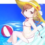  ball beachball bikini brown_eyes brown_hair commentary_request hat inflatable_raft itou_shiori kurabayashi_aya long_hair mitsudomoe solo sun_hat swimsuit twintails water 