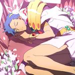  armlet blue_hair bracelet closed_eyes cosplay crossdressing dress flower hair_flower hair_ornament jenny_(praesepe) jewelry kamina lowres lying male_focus nia_teppelin nia_teppelin_(cosplay) sleeping solo tengen_toppa_gurren_lagann 