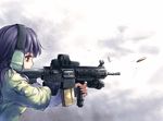  battle_rifle casing_ejection ear_protection eotech fangdan_runiu fingerless_gloves firing from_behind gloves gun heckler_&amp;_koch hk417 holding holding_gun holding_weapon long_hair military_operator original purple_hair red_eyes rifle shell_casing solo vertical_foregrip weapon 