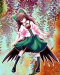  black_hair black_legwear bow green_bow hair_bow head_tilt leaf long_hair low_wings outstretched_arms red_eyes reiuji_utsuho skirt skirt_lift socks solo standing tori_rui touhou wings 