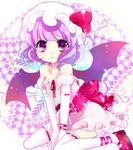  :&lt; alternate_costume bare_shoulders bat_wings chigo elbow_gloves gloves hat lavender_hair mary_janes red_eyes remilia_scarlet shoes short_hair solo thighhighs touhou white_gloves white_legwear wings 